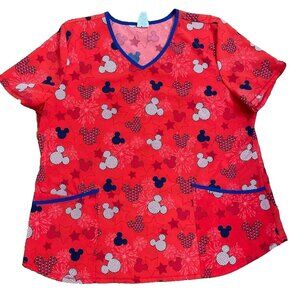Disney Mickey Mouse Scrub Top Women's Plus Size 2XL Red Patriotic V Neck Medical